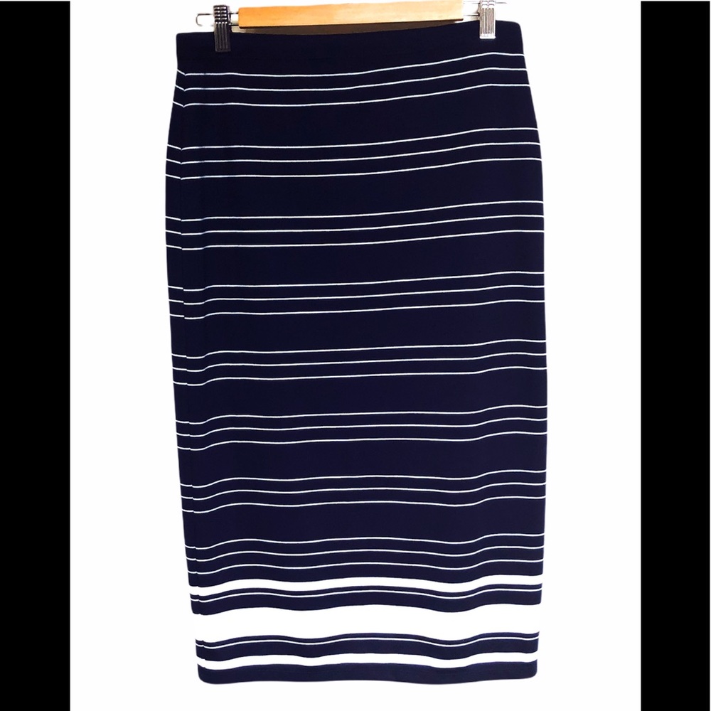 MaxStudio Navy & White Striped Midi Pencil Skirt